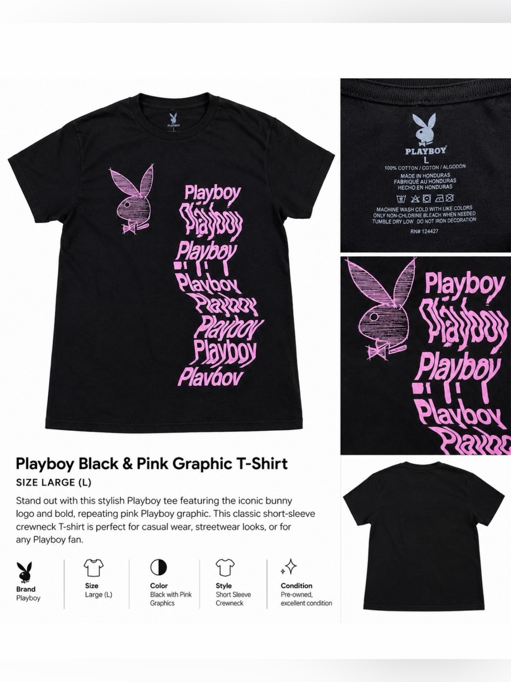 *new* Playboy Black & Pink Graphic Bunny Logo T-Shirt Size Large